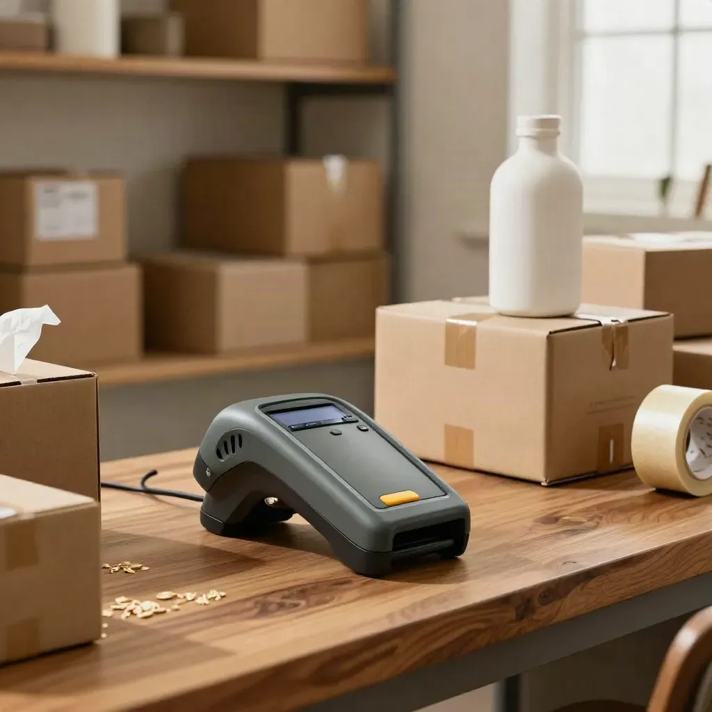 Packing corner with boxes, scanner and ceramic bottle in warm daylight