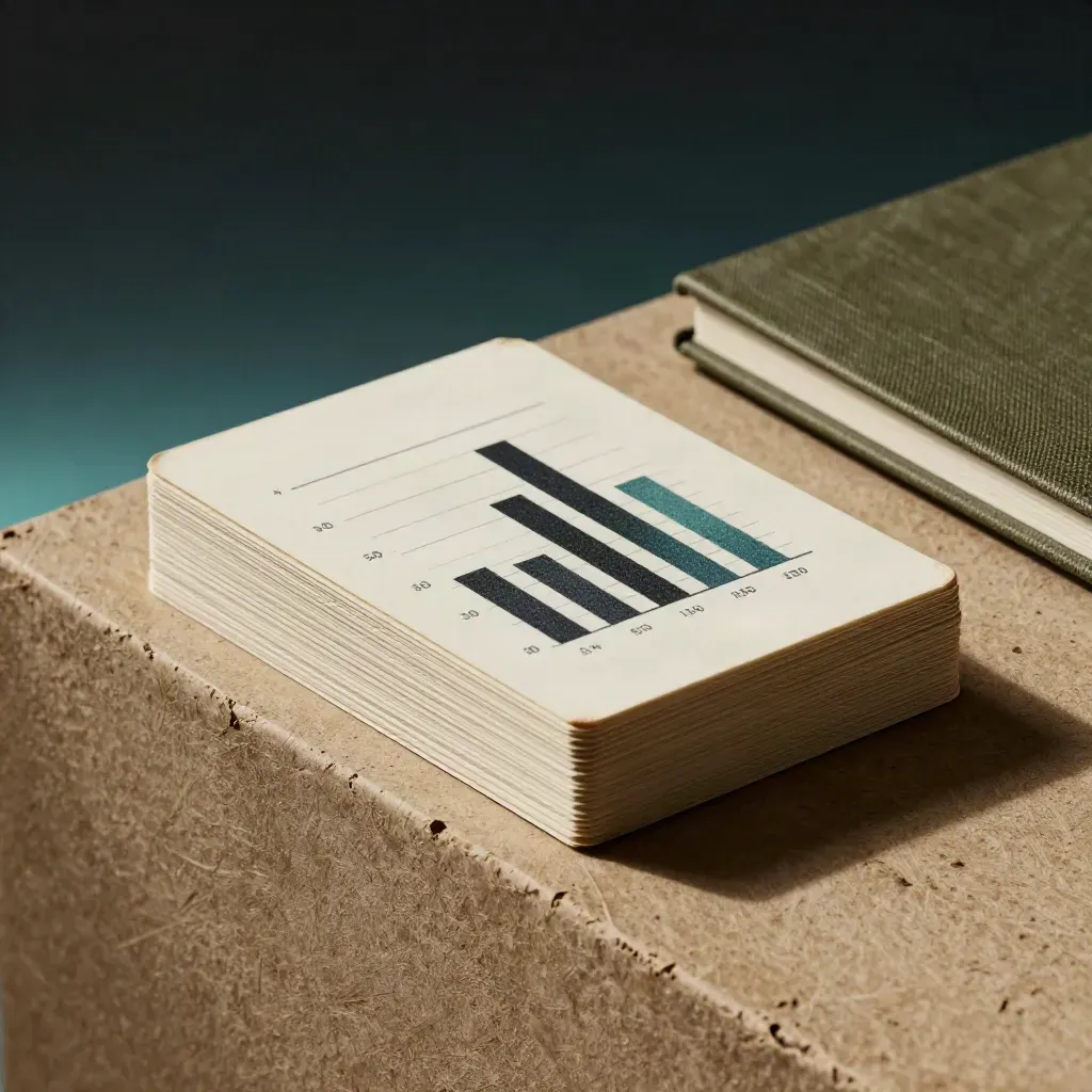 Close-up of site-map cards, analytics tile and closed notebook on a textured surface with teal glow.