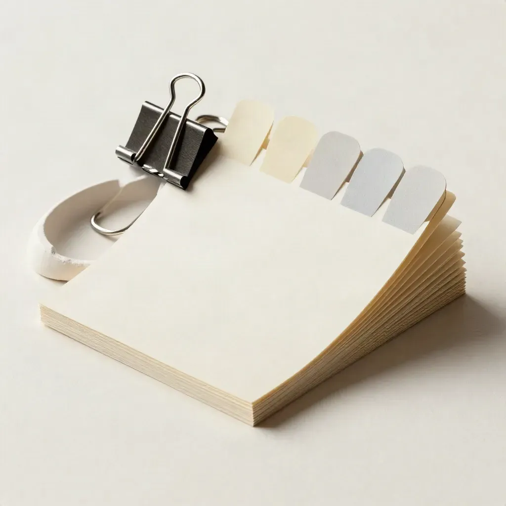 Cream layout cards with pale tabs and steel clips on a soft plaster surface