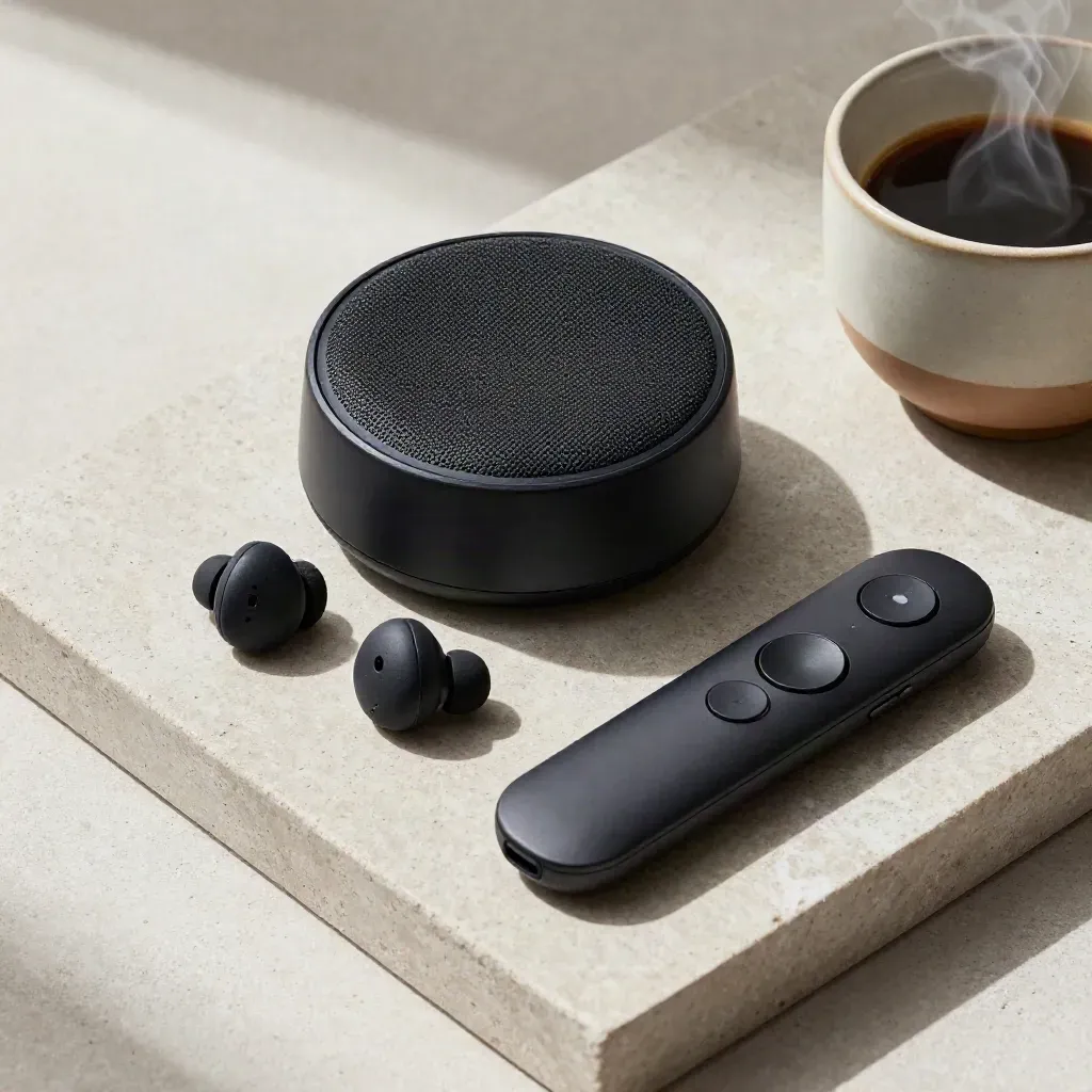 Overhead flatlay of a speakerphone puck, earbuds, mute remote and coffee cup on a stone tray.