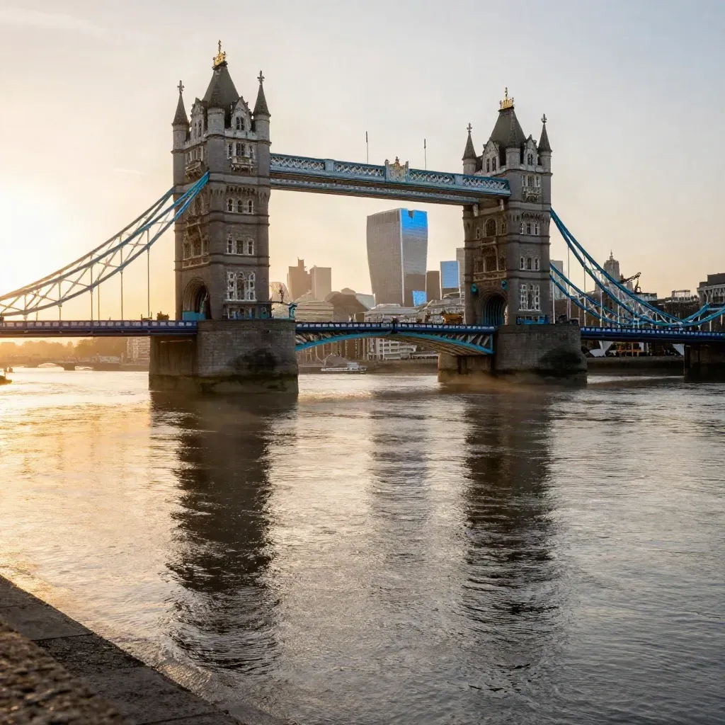 Tower Bridge and the City over the Thames in warm dawn haze, golden light and calm water.