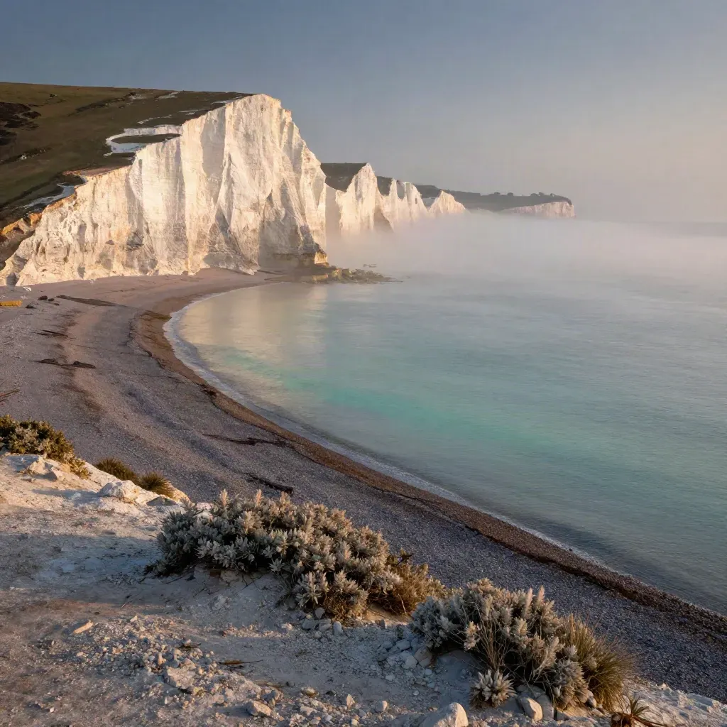 White cliffs glowing at dawn above a calm hazy sea, with open low-contrast shoreline for copy.