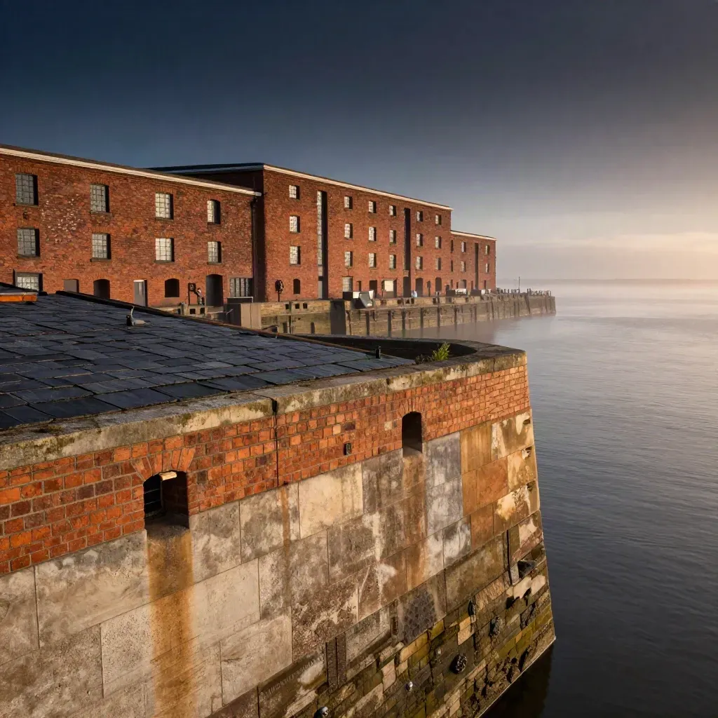 North West waterfront with brick, slate and hazy Mersey horizon at sunset